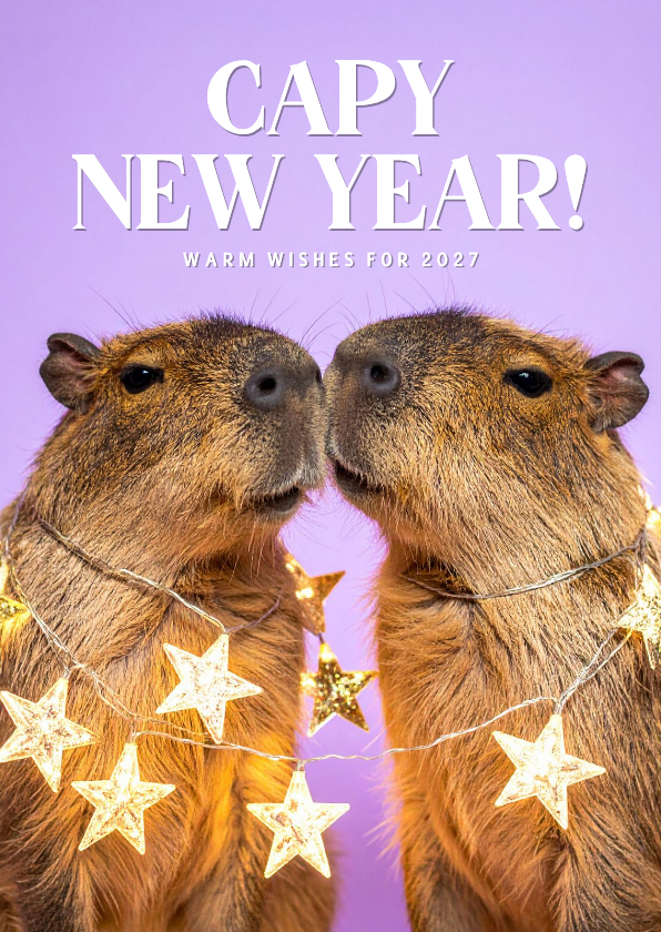 Nieuwjaarskaarten - Grappige nieuwjaarskaart capibara lila capy new year