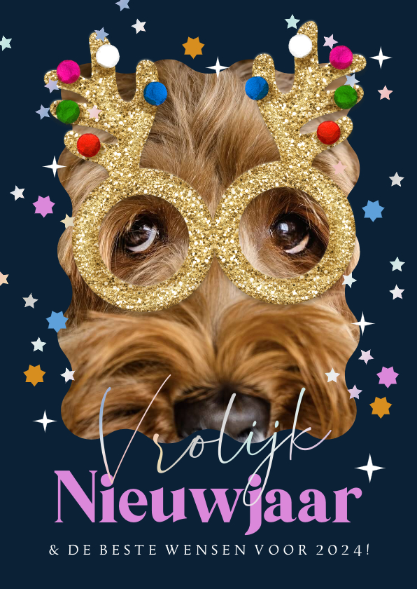 Nieuwjaarskaarten - Grappige nieuwjaarskaart foto glitterbril rendier sterren