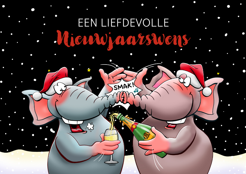 Grappige nieuwjaarskaart met 2 olifanten, die proosten - Nieuwjaarskaarten Nieuwjaarskaarten - Grappige nieuwjaarskaart met 2 olifanten, die proosten