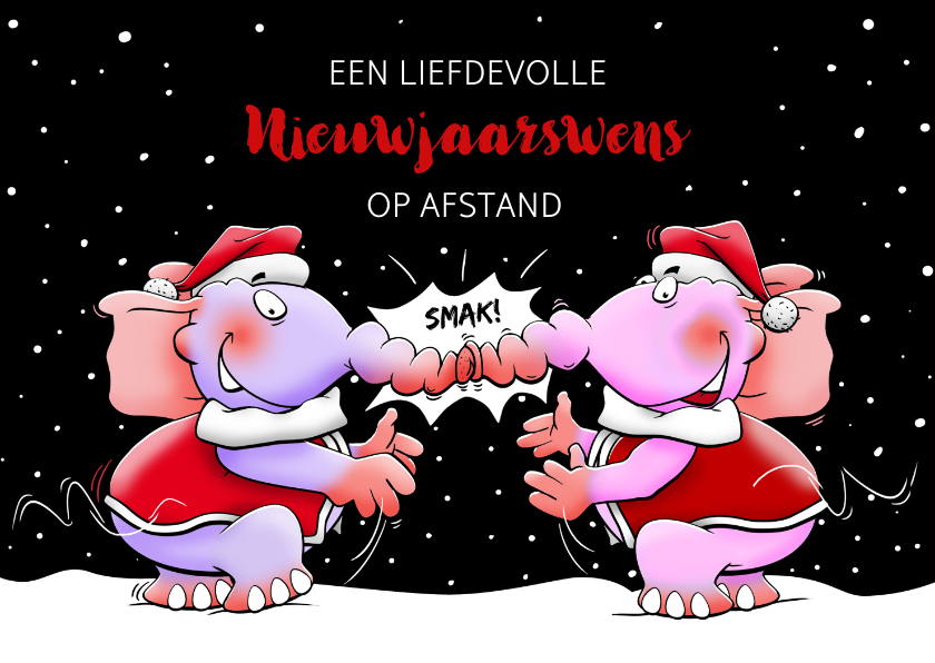 Grappige nieuwjaarskaart met 2 olifanten op 1,5 meter - Nieuwjaarskaarten Nieuwjaarskaarten - Grappige nieuwjaarskaart met 2 olifanten op 1,5 meter