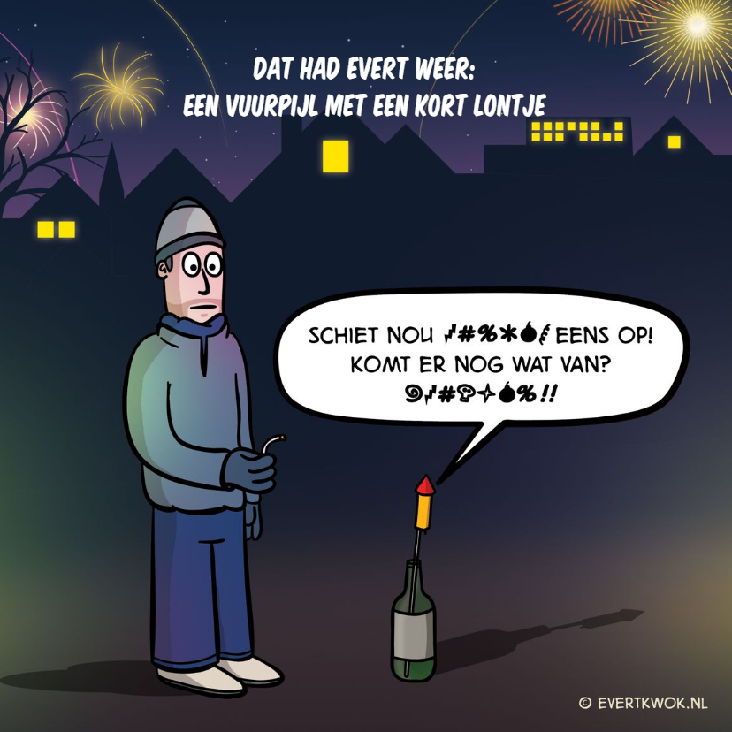 Grappige nieuwjaarskaart met cartoon 'kort lontje' - Nieuwjaarskaarten Nieuwjaarskaarten - Grappige nieuwjaarskaart met cartoon 'kort lontje'