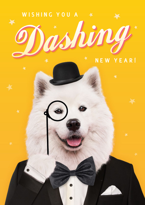 Nieuwjaarskaarten - Grappige nieuwjaarskaart met hond in smoking 'Dashing'