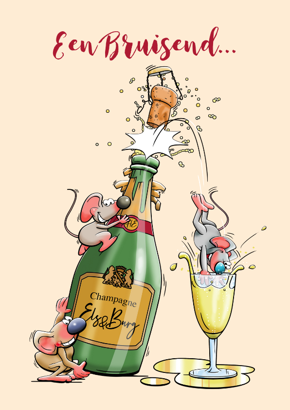 Nieuwjaarskaarten - Grappige nieuwjaarskaart met leuke muizen en fles champagne