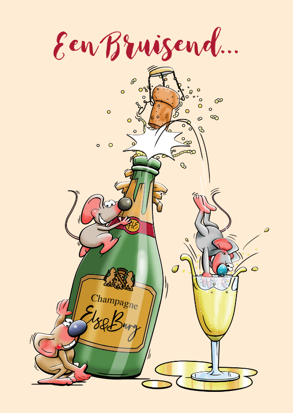 Grappige nieuwjaarskaart met leuke muizen en fles champagne - Nieuwjaarskaarten Nieuwjaarskaarten - Grappige nieuwjaarskaart met leuke muizen en fles champagne