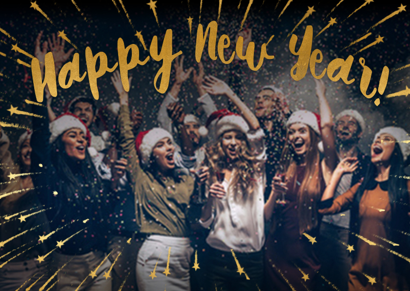 Happy New Year geel foto - BK - Nieuwjaarskaarten Nieuwjaarskaarten - Happy New Year geel foto - BK