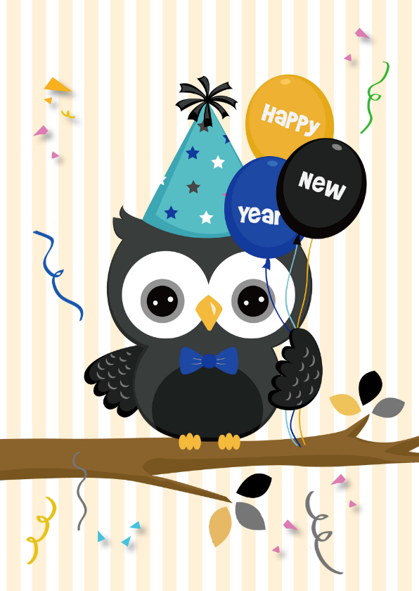 Happy New Year met feest-uil - Nieuwjaarskaarten Nieuwjaarskaarten - Happy New Year met feest-uil