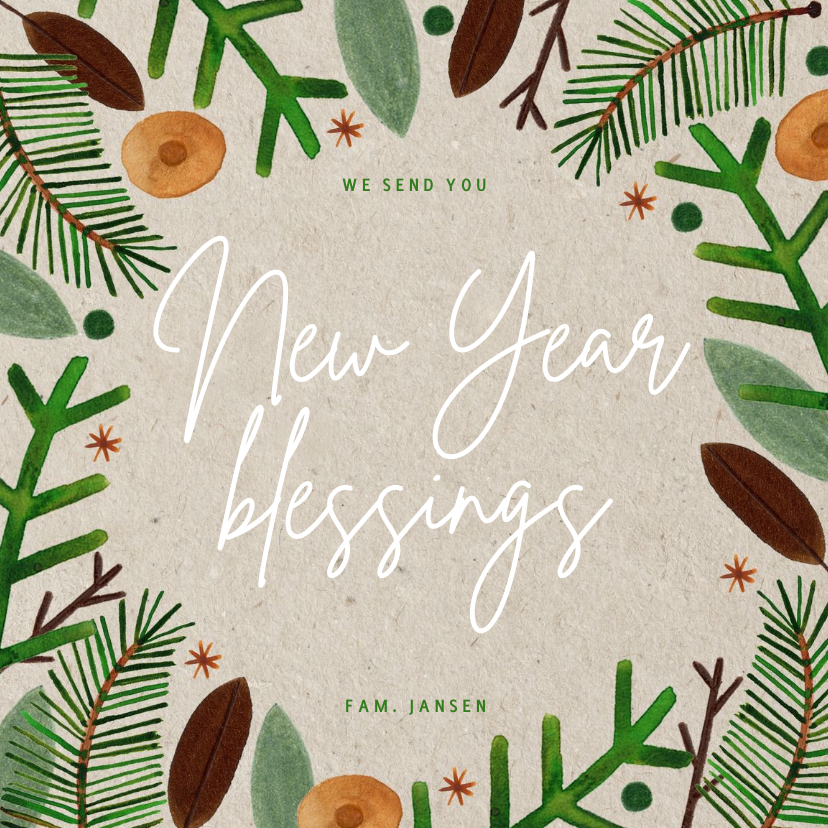 Nieuwjaarskaarten - Hippe christelijke nieuwjaarskaart groene takjes op papier