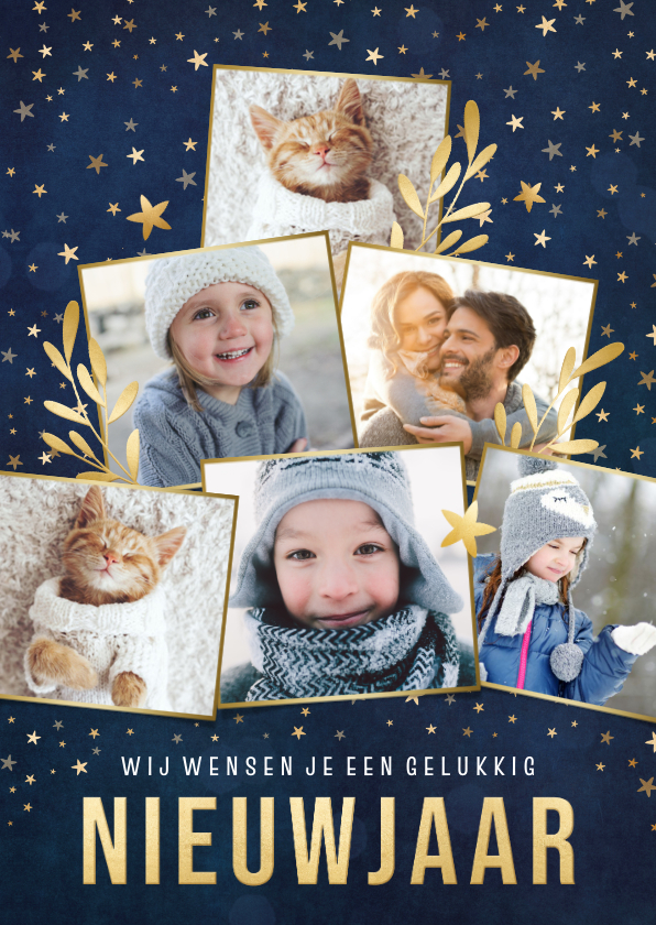 Hippe fotocollage nieuwjaarskaart gouden sterren en takjes - Nieuwjaarskaarten Nieuwjaarskaarten - Hippe fotocollage nieuwjaarskaart gouden sterren en takjes