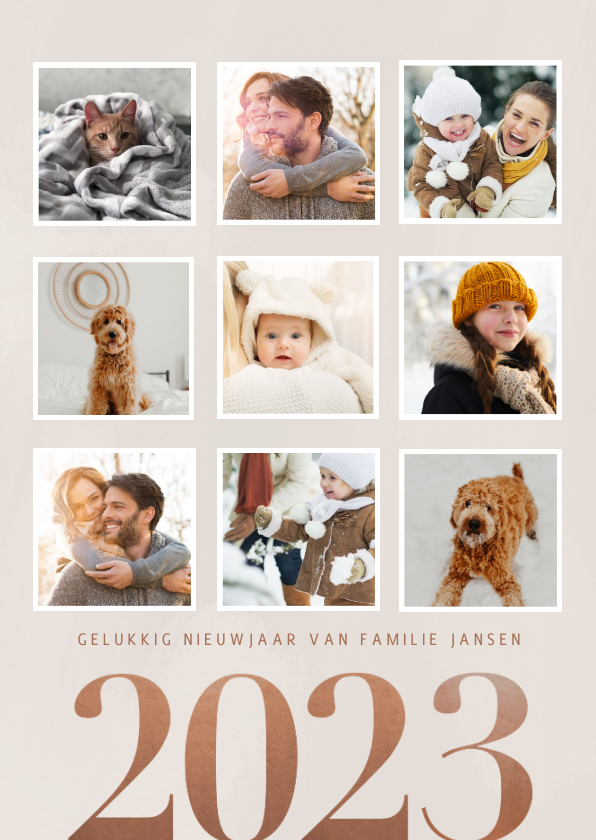 Hippe nieuwjaarskaart fotocollage groot jaartal 2023 beige - Nieuwjaarskaarten Nieuwjaarskaarten - Hippe nieuwjaarskaart fotocollage groot jaartal 2023 beige