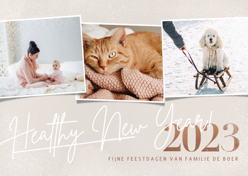 Hippe nieuwjaarskaart foto's healthy new year 2023 op beige - Nieuwjaarskaarten Nieuwjaarskaarten - Hippe nieuwjaarskaart foto's healthy new year 2023 op beige