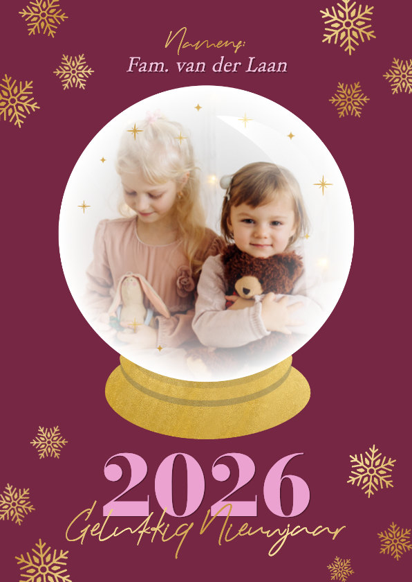 Hippe nieuwjaarskaart met foto sneeuwbol paars en goud - Nieuwjaarskaarten Nieuwjaarskaarten - Hippe nieuwjaarskaart met foto sneeuwbol paars en goud