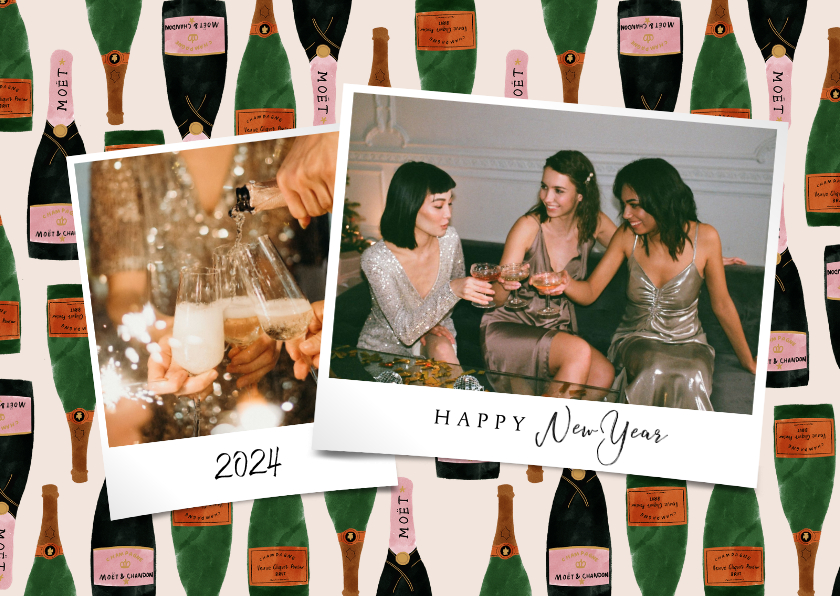 Hippe nieuwjaarskaart met foto's en champagne achtergrond - Nieuwjaarskaarten Nieuwjaarskaarten - Hippe nieuwjaarskaart met foto's en champagne achtergrond