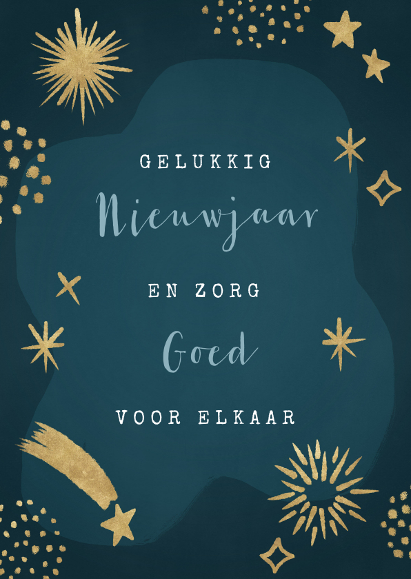 Hippe nieuwjaarskaart met gouden vuurwerk en sterren - Nieuwjaarskaarten Nieuwjaarskaarten - Hippe nieuwjaarskaart met gouden vuurwerk en sterren