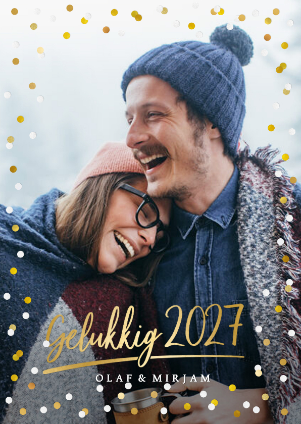 Nieuwjaarskaarten - Hippe nieuwjaarskaart met grote foto, 2027 en confetti