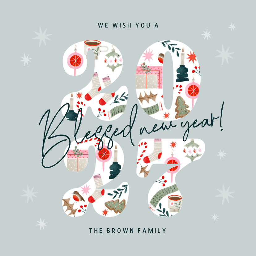 Nieuwjaarskaarten - Internationale nieuwjaarskaart 'blessed new year' blauw