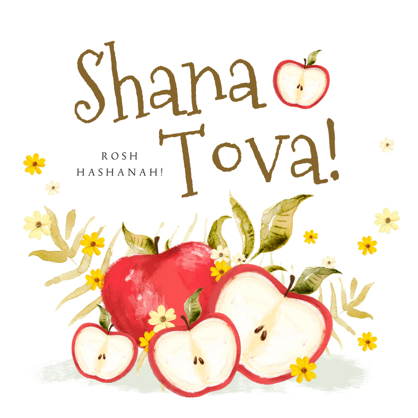 Nieuwjaarskaarten - Joods nieuwjaarskaart met appels en kleine bloemen