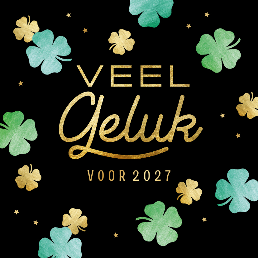 Kaart nieuwjaarswensen 'Veel geluk' met klavertjes - Nieuwjaarskaarten Nieuwjaarskaarten - Kaart nieuwjaarswensen 'Veel geluk' met klavertjes