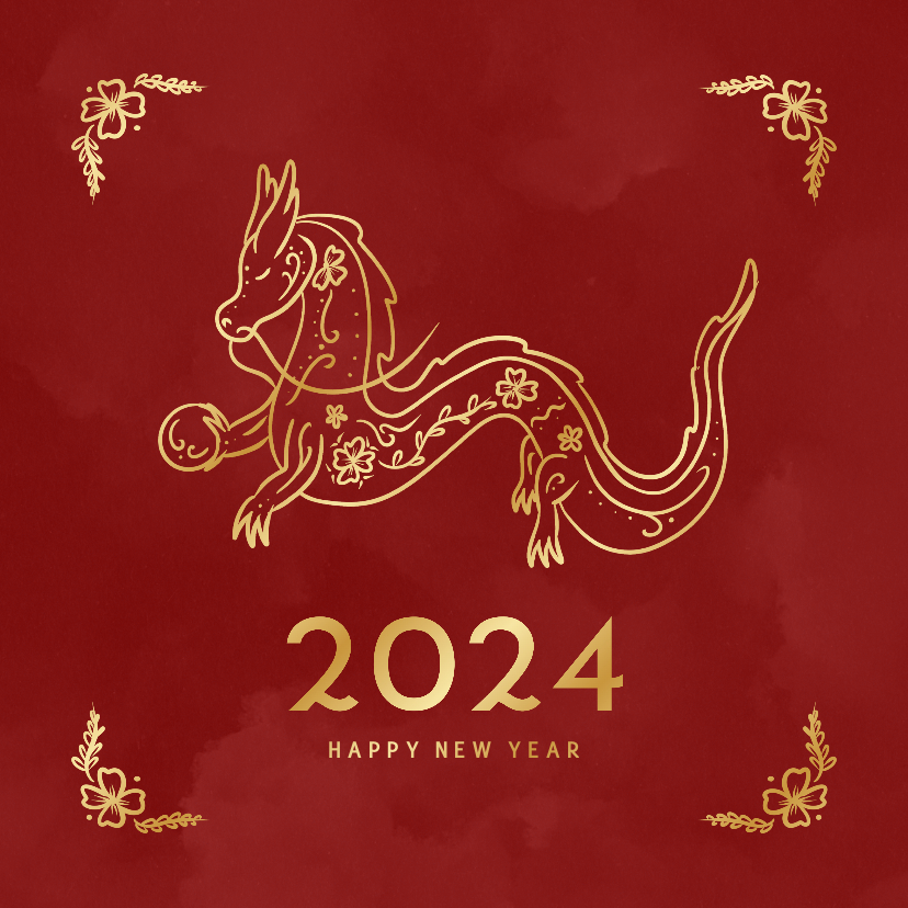Nieuwjaarskaarten - Kaartje voor Chinees nieuwjaar met draak in rood en goud