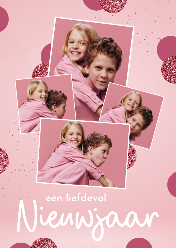 Nieuwjaarskaarten - Kerstkaart fotocollage 4 foto's roze confetti nieuwjaar