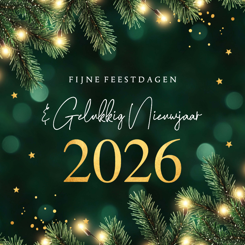 Kerstkaart groen kersttakken jaartal 2026 goudlook - Nieuwjaarskaarten Nieuwjaarskaarten - Kerstkaart groen kersttakken jaartal 2026 goudlook