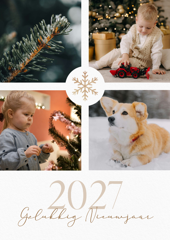 Nieuwjaarskaarten - Klassiek nieuwjaarskaartje wit met fotocollage en sneeuwvlok
