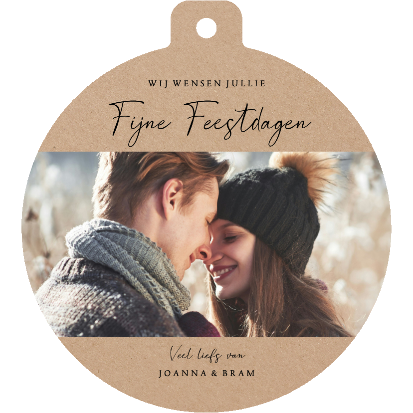 Kraft nieuwjaarskaart in kerstbal vorm met grote foto - Nieuwjaarskaarten Nieuwjaarskaarten - Kraft nieuwjaarskaart in kerstbal vorm met grote foto