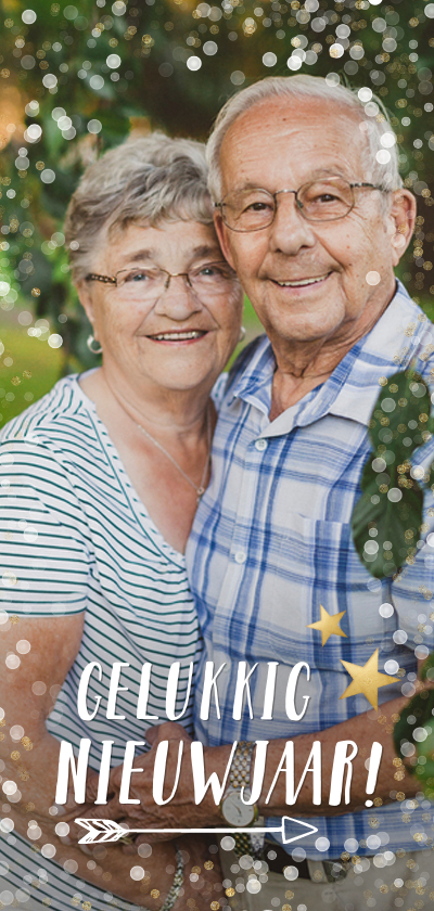 Langwerpige nieuwjaars fotokaart met wit en gouden confetti - Nieuwjaarskaarten Nieuwjaarskaarten - Langwerpige nieuwjaars fotokaart met wit en gouden confetti