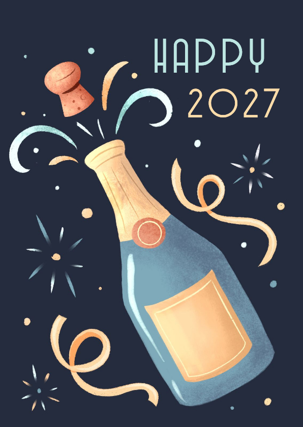 Leuke nieuwjaarskaart met champagnefles en vuurwerk - Nieuwjaarskaarten Nieuwjaarskaarten - Leuke nieuwjaarskaart met champagnefles en vuurwerk