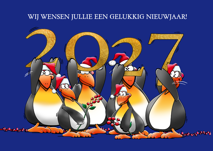 Leuke nieuwjaarskaart met pinguïns met jaartal 2027 - Nieuwjaarskaarten Nieuwjaarskaarten - Leuke nieuwjaarskaart met pinguïns met jaartal 2027