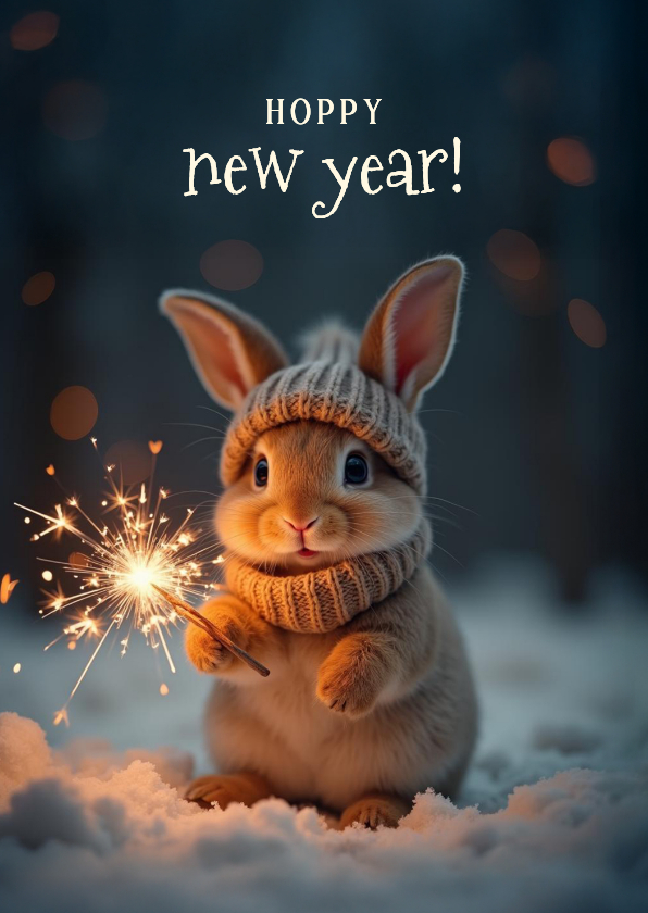 Lief nieuwjaarskaartje met konijn hoppy new year - Nieuwjaarskaarten Nieuwjaarskaarten - Lief nieuwjaarskaartje met konijn hoppy new year