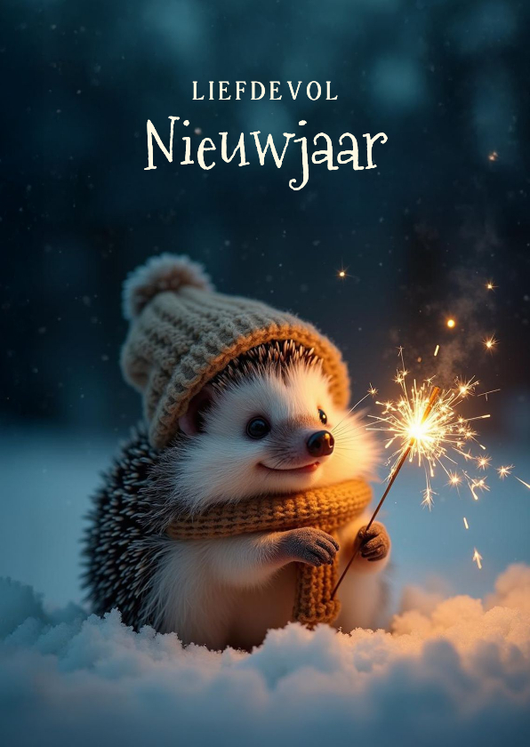 Liefdevol nieuwjaarskaartje met egeltje en sterretje - Nieuwjaarskaarten Nieuwjaarskaarten - Liefdevol nieuwjaarskaartje met egeltje en sterretje