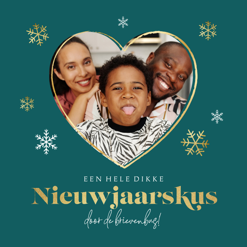 Liefdevolle nieuwjaarskaart hartje goud sneeuw foto kus - Nieuwjaarskaarten Nieuwjaarskaarten - Liefdevolle nieuwjaarskaart hartje goud sneeuw foto kus
