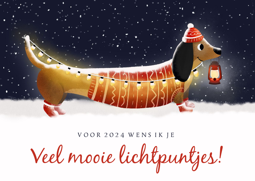 Liefdevolle nieuwjaarskaart Teckel met lampjes in de sneeuw - Nieuwjaarskaarten Nieuwjaarskaarten - Liefdevolle nieuwjaarskaart Teckel met lampjes in de sneeuw