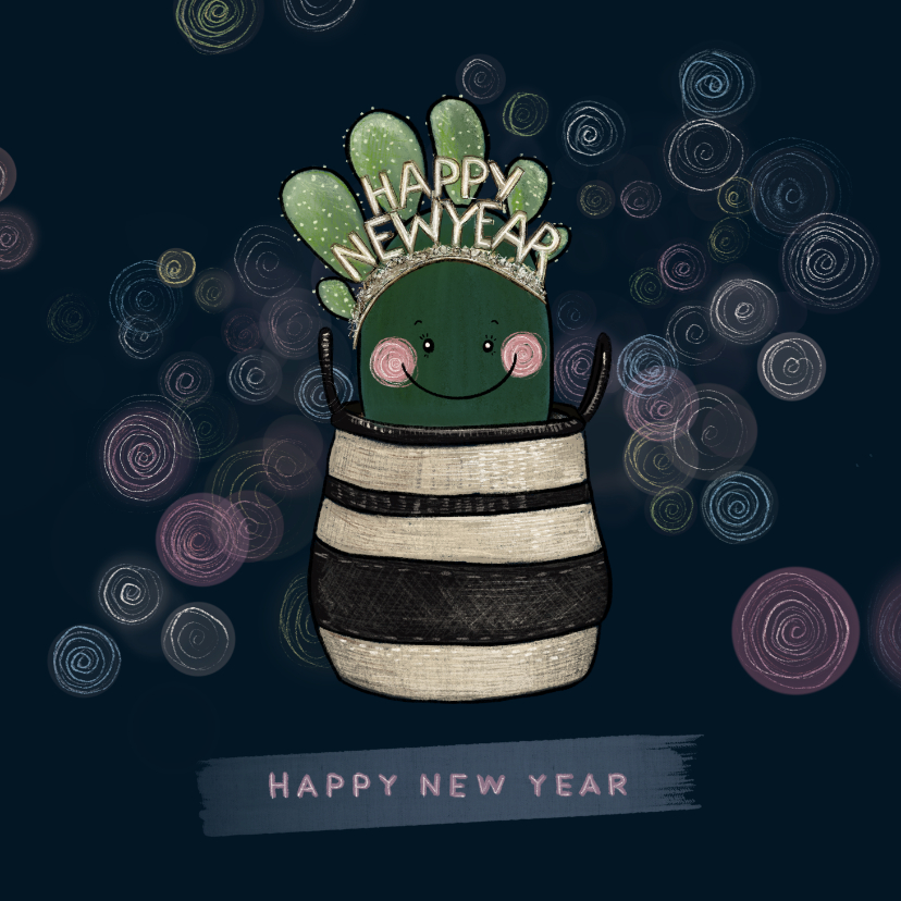 Nieuwjaarskaarten - Lieve nieuwjaarskaart cactus met diadeem happy new year!