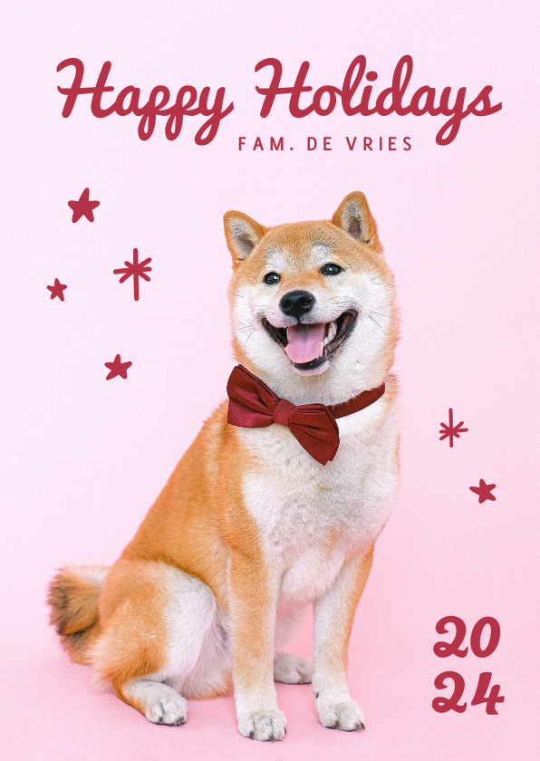 Nieuwjaarskaarten - Lieve nieuwjaarskaart met hondje met strik