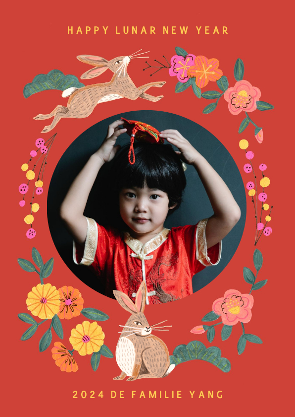 Lunar new year rabbit en bloemen - Nieuwjaarskaarten Nieuwjaarskaarten - Lunar new year rabbit en bloemen