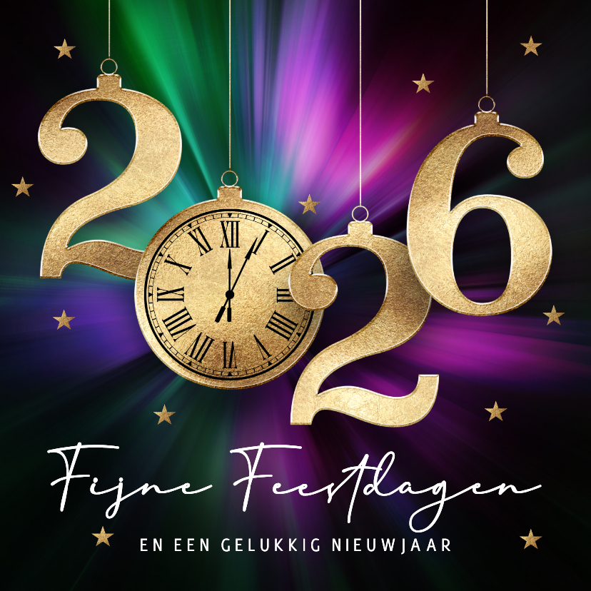 Luxe nieuwjaarskaart 2026 met gouden klok - Nieuwjaarskaarten Nieuwjaarskaarten - Luxe nieuwjaarskaart 2026 met gouden klok