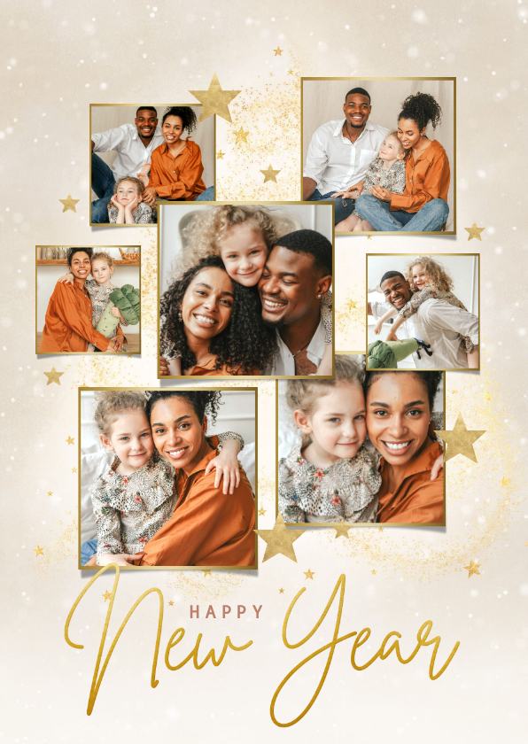 Moderne goudlook fotocollage Happy New Year! met sterren - Nieuwjaarskaarten Nieuwjaarskaarten - Moderne goudlook fotocollage Happy New Year! met sterren