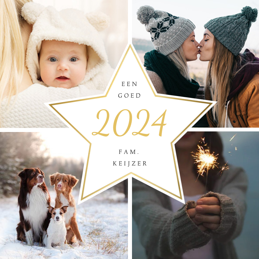 Moderne nieuwjaarskaart fotocollage met 4 foto's en ster - Nieuwjaarskaarten Nieuwjaarskaarten - Moderne nieuwjaarskaart fotocollage met 4 foto's en ster
