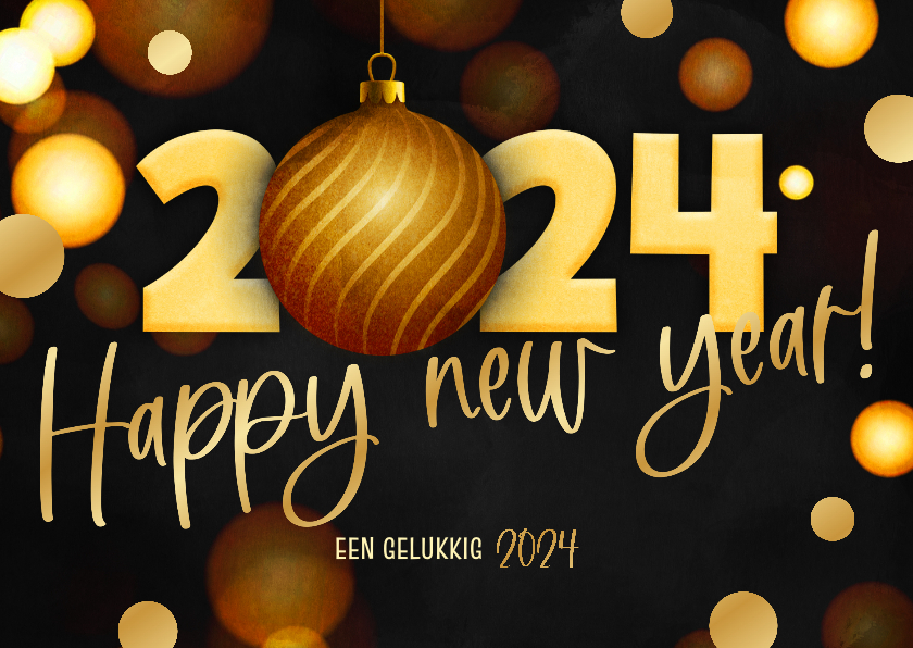 Nieuwjaarskaarten - Moderne nieuwjaarskaart zwart 2024 kerstbal goud foliedruk