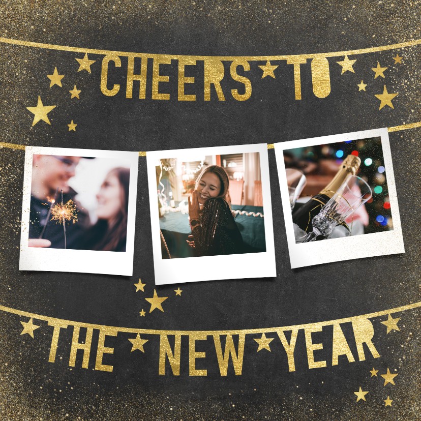 Nieuwjaarskaarten - Moderne uitnodiging nieuwjaarsborrel slingers en foto's