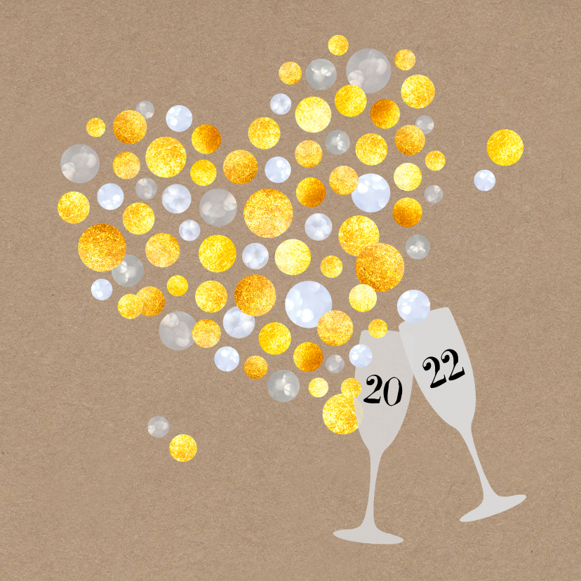 Nieuwjaarskaarten - Nieuwjaar Gouden Champagne bubbelhart 2022