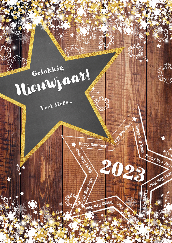 Nieuwjaarskaarten - Nieuwjaar stoer en romantisch hout en sterren 2023