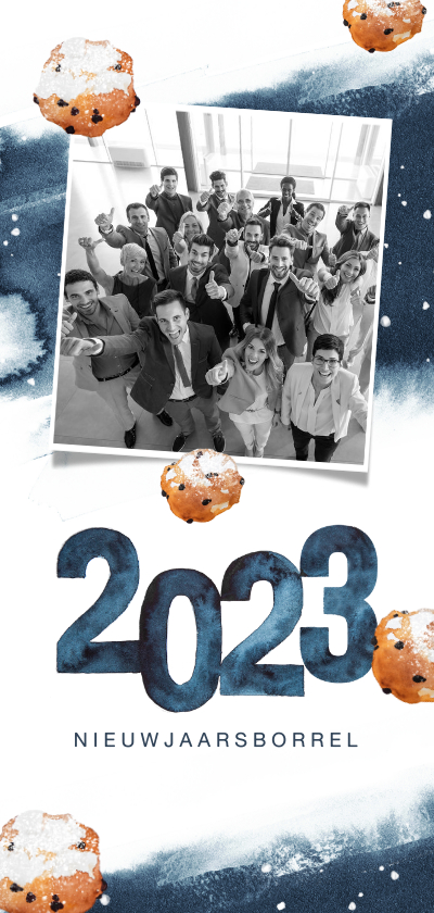 Nieuwjaar uitnodiging borrel waterverf oliebollen 2023 - Nieuwjaarskaarten Nieuwjaarskaarten - Nieuwjaar uitnodiging borrel waterverf oliebollen 2023