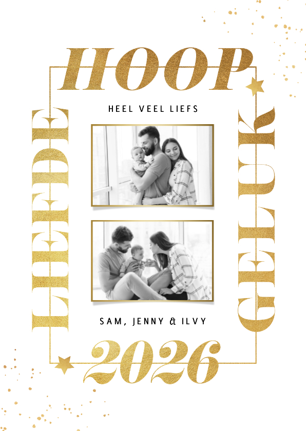 Nieuwjaarkaart typografie goud sterren spetters foto - Nieuwjaarskaarten Nieuwjaarskaarten - Nieuwjaarkaart typografie goud sterren spetters foto
