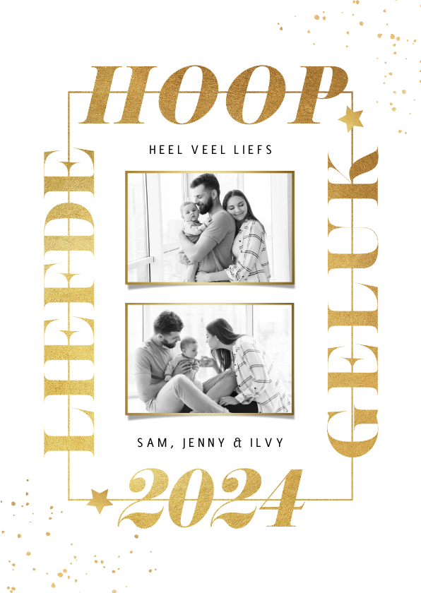 Nieuwjaarkaart typografie goud sterren spetters foto - Nieuwjaarskaarten Nieuwjaarskaarten - Nieuwjaarkaart typografie goud sterren spetters foto