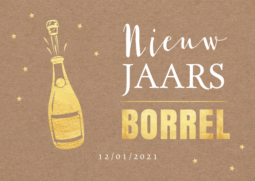 Nieuwjaarsborrel uitnodiging champagne kraft - Nieuwjaarskaarten Nieuwjaarskaarten - Nieuwjaarsborrel uitnodiging champagne kraft