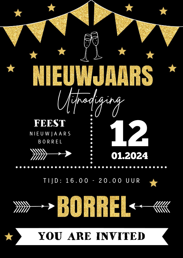 Nieuwjaarsborrel online uitnodiging typografie goudlook - Nieuwjaarskaarten Nieuwjaarskaarten - Nieuwjaarsborrel online uitnodiging typografie goudlook