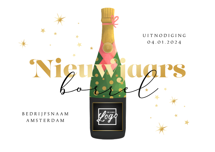 Nieuwjaarskaarten - Nieuwjaarsborrel uitnodiging champagne sterren goud oliebol