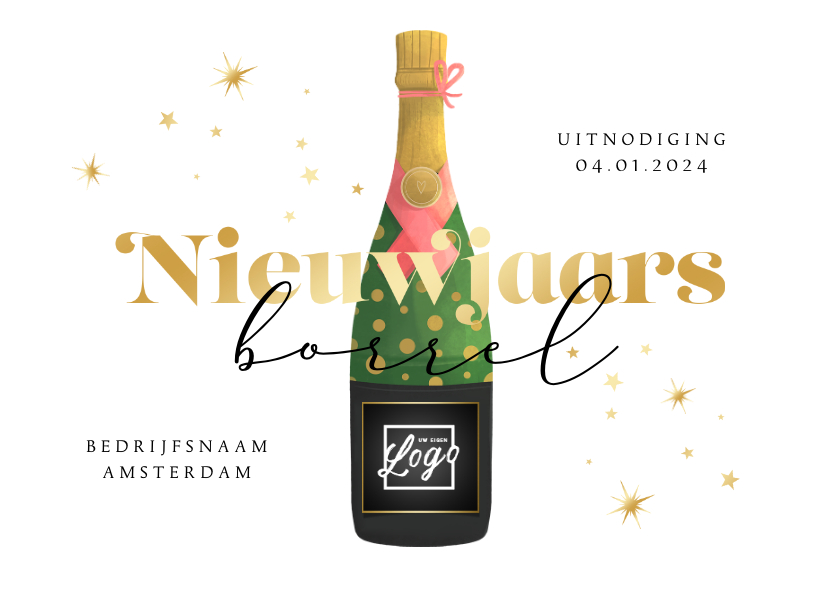Nieuwjaarsborrel uitnodiging champagne sterren goud oliebol - Nieuwjaarskaarten Nieuwjaarskaarten - Nieuwjaarsborrel uitnodiging champagne sterren goud oliebol